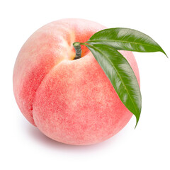 Peach fruit with leaf isolated on white background, Fresh Peach on White Background With clipping path, 