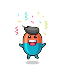 happy capsule mascot jumping for congratulation with colour confetti
