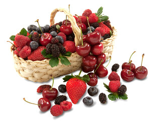 Cesta com deliciosas frutas silvestres, morango, cereja, blackbarry e framboesa em fundo branco para recorte.