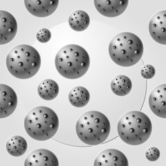 Seamless pattern with round planet shape with balls or holes on the surface, gray black and white color, suitable for abstract background, space or unique art