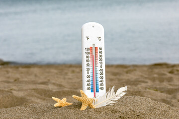 a white thermometer stuck into beach sand with starfish and a white seagull feather around it,...