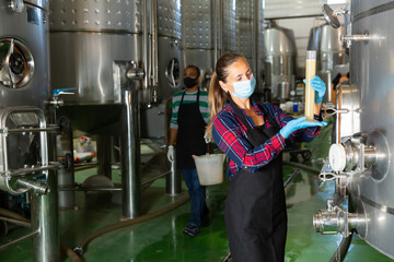 Female worker in protective mask check the quality of white wine at the winery