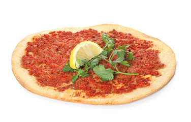 Delicious Turkish pizza on white background