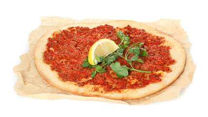 Delicious Turkish pizza on white background