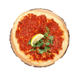 Board with delicious Turkish pizza on white background