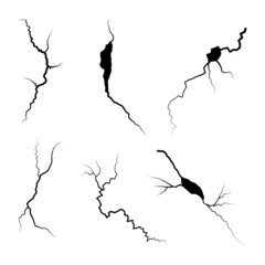 hand drawn cracked glass, wall, ground. lightning storm effect. doodle break set. vector illustration