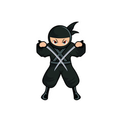 Cartoon black ninja stand with two swords in cross