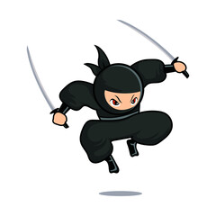 Cartoon black ninja jump with two swords © fzr design