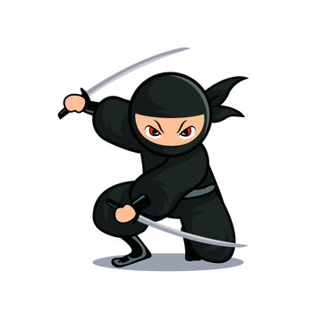Cartoon black ninja ready for attack with two swords
