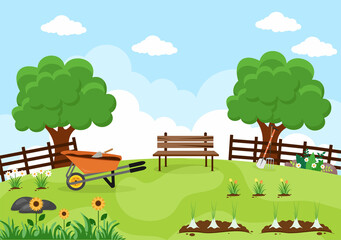 Farm Gardener Background Vector Illustration With A Landscape Of Gardens, Flowers, Vegetables Planted, Wheelbarrow, Shovel And Equipment in Flat Design Style