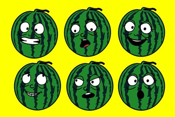 bundle set watermelon cartoon character design with illustrations of various expressions, equipped with conversation bubbles.