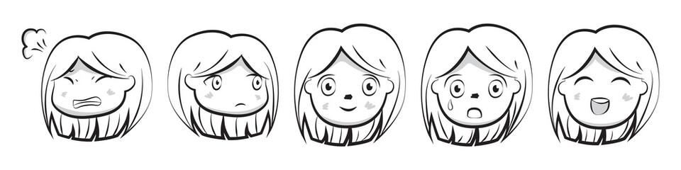 set of anime chibi and adorable avatar emoticon line art