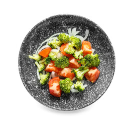 Plate of tasty salad with broccoli on white background