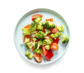 Plate of tasty salad with broccoli on white background