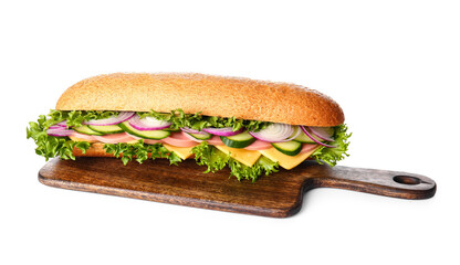 Board with tasty sandwich on white background