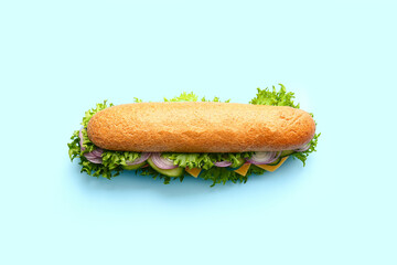Tasty sandwich on color background
