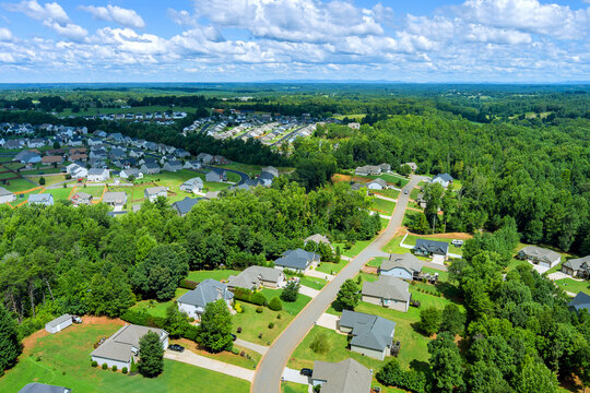 Aerial view Boiling Springs town urban landscape of a small sleeping area roofs of the houses in countryside in South Carolina US