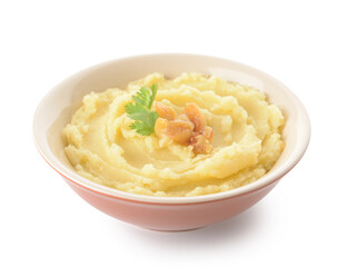 Bowl of tasty mashed potatoes with garlic on white background