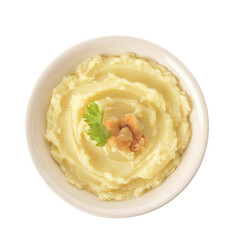 Bowl of tasty mashed potatoes with garlic on white background