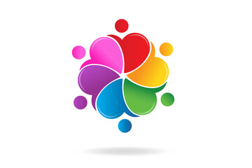 Teamwork unity people logo charity nonprofit organization diversity concept vector image design six people in a hug heart shape id card