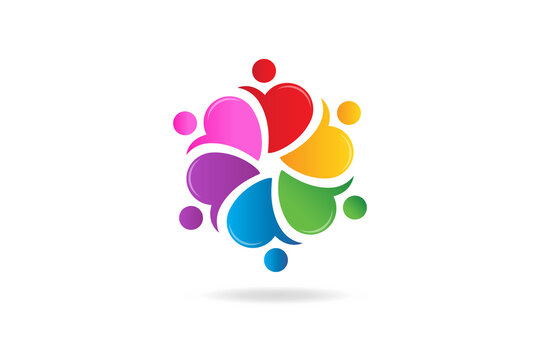 Teamwork unity people logo charity nonprofit organization diversity concept vector image design six people in a hug heart shape id card