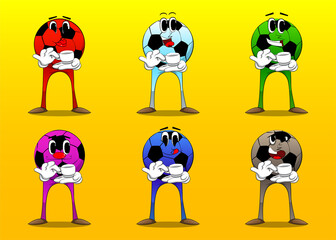 Soccer ball holding a cup of coffee. Traditional football ball as a cartoon character with face.