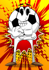 Soccer ball holding a cup of coffee. Traditional football ball as a cartoon character with face.