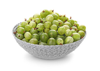Bowl with fresh ripe gooseberry on white background