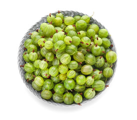 Bowl with fresh ripe gooseberry on white background