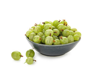 Bowl with fresh ripe gooseberry on white background