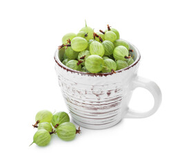 Cup with fresh ripe gooseberry on white background