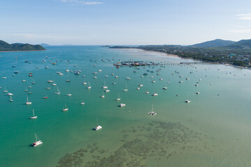 Aerial landscape Seascape Chalong pier with sailboats Yacht boats and ravel boats in the sea...