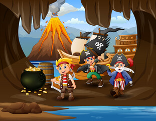 Treasure cartoon with pirate in cave gold