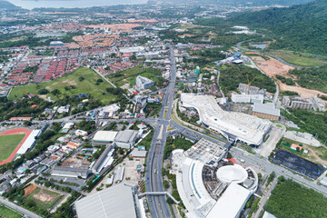 Drones Aerial View top down of road junction from above Image for transportation background,automobile traffic of many cars and sign,symbol on road.