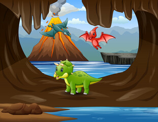 Cartoon dinosaurs in the cave illustration © dreamblack46