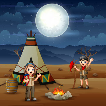 Happy scout boy and girl at camp site illustration