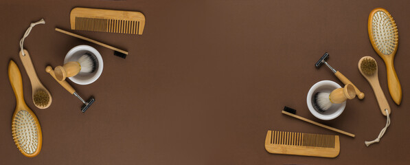 A banner of shaving and shower accessories on a brown background. Flat lay.