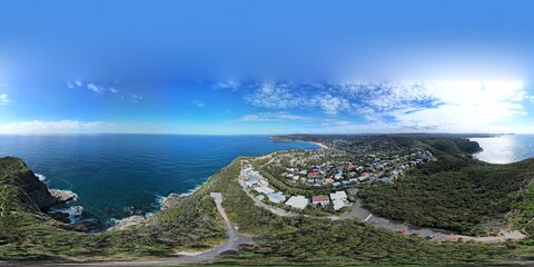 360 degree images of Australian ocean coastline with blue skys and ocean waves below.  NSW Australia 