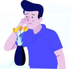 coronavirus symptoms, a man with running nose  covering the nose with cloth, man cant smell anything 