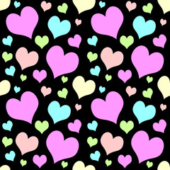 Fototapeta na wymiar Seamless pastel colored cute hearts pattern on bright black background.