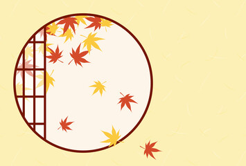 Japanese style vector background with a round window with autumn leaves for banners, cards, flyers, social media wallpapers, etc.