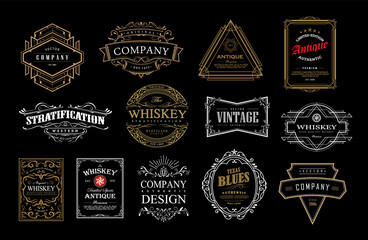 Set of antique frame whiskey label vintage retro border vector illustration - obrazy, fototapety, plakaty