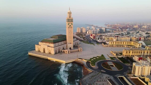 Aerial View In Front Of The Hassan II Mosque, Sunrise In Casablanca, Morocco - Orbit, Drone Shot