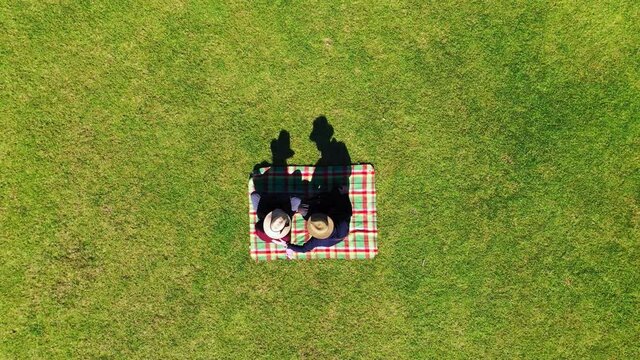 Aerial view of couple sitting on a picnic mat in a green grass field
