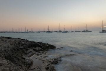 Sunset on the beach of Ses Illietes on the Island of Formentera in the summer of 2021