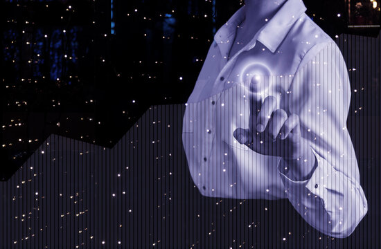 Businesswoman hand pointing to infographic. Business intelligence and big data for business management, digital virtual reality, financial dashboard. Technology, innovation and big data concept