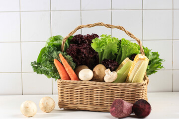 Concept Healthy Food, Various fresh  Vegetables Leaf On a Basket.  Copy Space. Kale, Lettuce,...