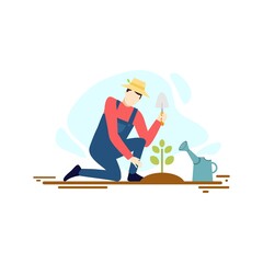 Farmer man Planting Young Seedling plant tree Nature people character flat design vector illustration
