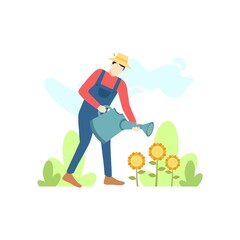 farmer man watering sunflower plants agriculture people character flat design vector illustration