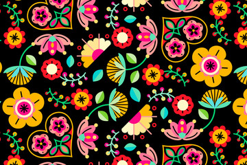 Flowers folk art patterned on black background vector - obrazy, fototapety, plakaty